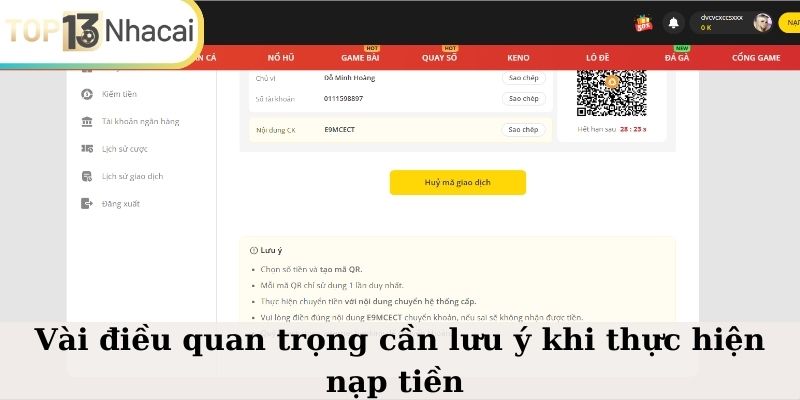 Vài điều quan trọng cần lưu ý khi thực hiện nạp tiền