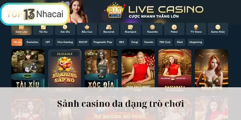 Sảnh casino đa dạng trò chơi